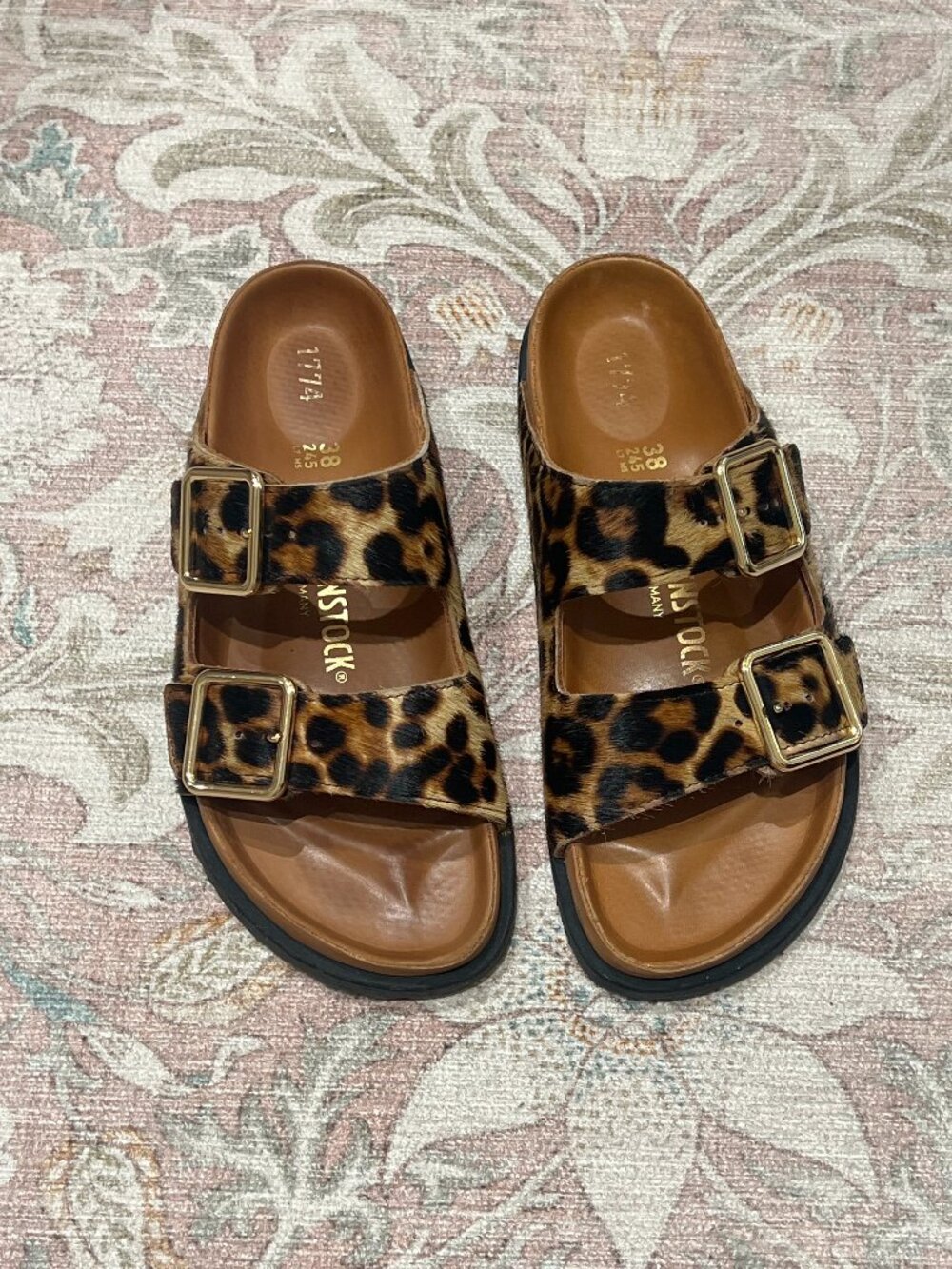 Birkenstock 1774 Arizona Calf Hair Slide Sandals In Leopard Print
